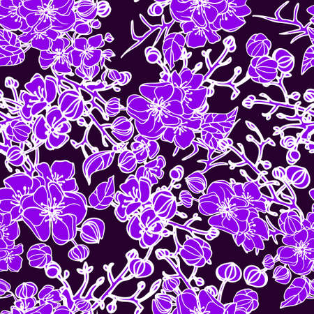 Vector repeat pattern with bright purple roses on dark purple background. Linear flowers texture. Illustration of beautiful flowers.  vector illustration.のイラスト素材