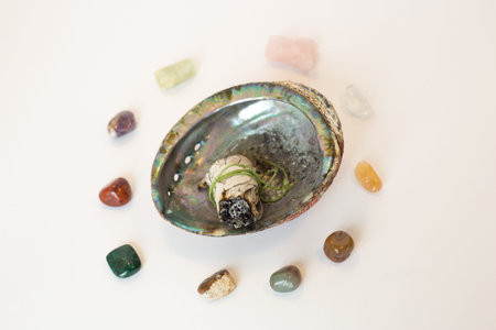 Sage Smudge Stick in a holder on white background with crystals..の写真素材