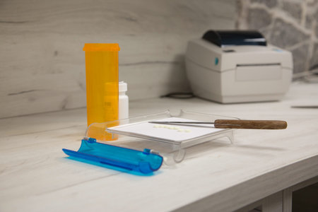 Pharmacist filling prescription in pharmacy