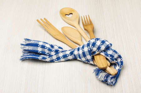 Set of kitchen utensils tied with towelの写真素材