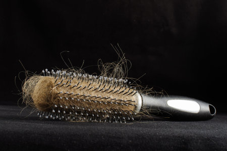 Plenty of hair on the hairbrush isolated on the black backgroundの写真素材