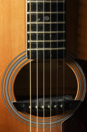 Close up of guitar resonant hole with rosette low key lighting
