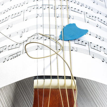 Six metal guitar strings, blue guitar pick and sheet music paper