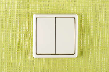 White plastic double electricity switch on the green wallの写真素材