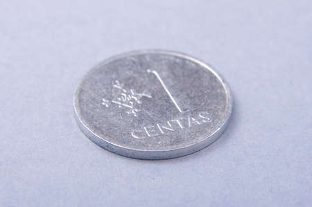 One centas Lithuania historical coin isolated on the gray backgroundの写真素材