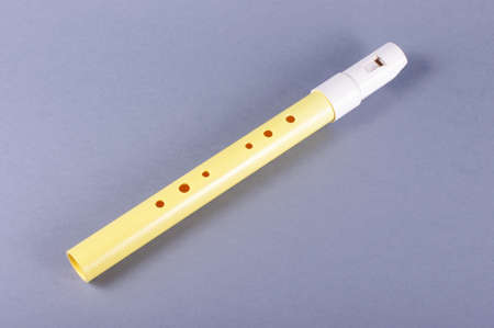 Plastic recorder flute isolated on the gray backgroundの写真素材