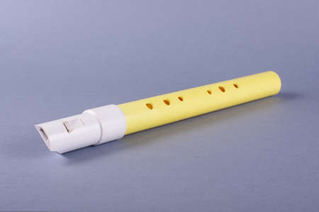 Plastic recorder flute isolated on the gray backgroundの写真素材