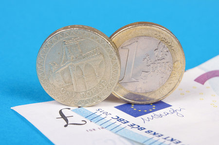 European Union euro and Great Britain Pound coins side by side