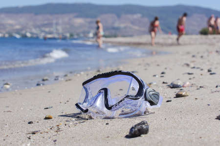Diving mask on the beach holiday conceptの写真素材