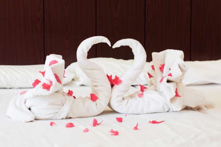 Swan shaped towels on the bed in a hotel roomの写真素材