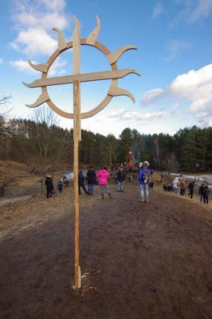 KAUNAS, LITHUANIA - FEBRUARY 25: Uzgavenes event decoration in front of burning winter symbol called More on Feb 25, 2017, Kaunas, Rumsiskes, Lithuaniaのeditorial素材