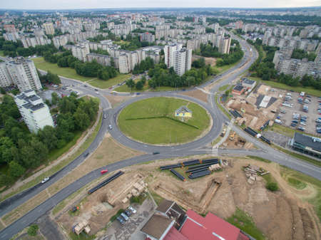 Roundabout in Eiguliai district, Kaunas, Lithuania. Aerial viewのeditorial素材