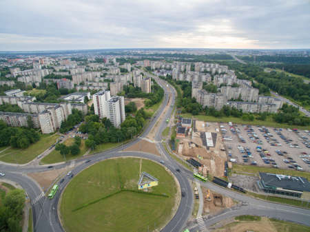 Roundabout in Eiguliai district, Kaunas, Lithuania. Aerial viewのeditorial素材