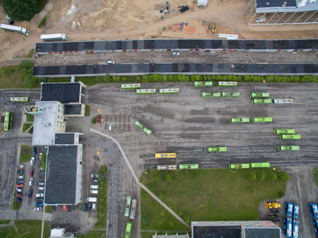 Trolley and bus depot in Kaunas, Lithuania. Aerial viewのeditorial素材