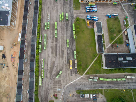 Trolley and bus depot in Kaunas, Lithuania. Aerial viewのeditorial素材