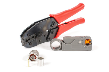 Coaxial cable termination tools and accessories isolated on the white backgroundの写真素材