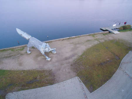 Metal fox sculpture in Siauliai city, Lithuania. Aerial viewの写真素材