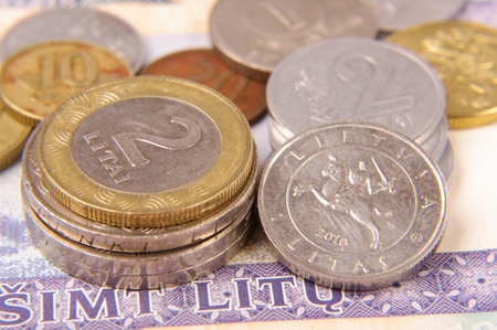 Pile of various lithuanian coins