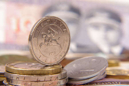 Obsolete lithuanian coin Litas standing on the brimの写真素材