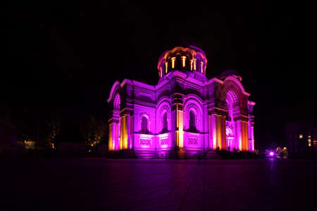 Church Soboras in Kaunas Lithuania during light showの写真素材