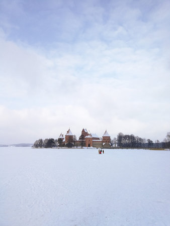 Snowed Trakai island castle winter time in Trakai town, Lithuaniaのeditorial素材