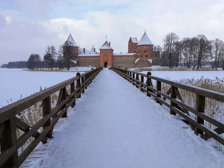 Snowed Trakai island castle winter time in Trakai town, Lithuaniaのeditorial素材