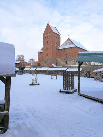 Snowed Trakai island castle winter time in Trakai town, Lithuania