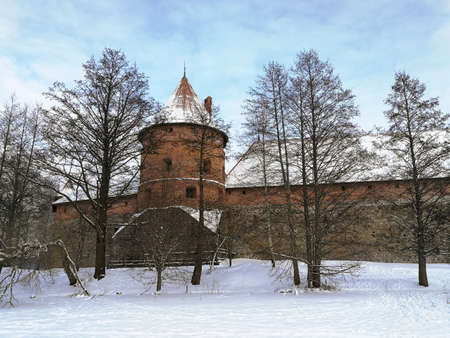 Snowed Trakai island castle winter time in Trakai town, Lithuaniaのeditorial素材