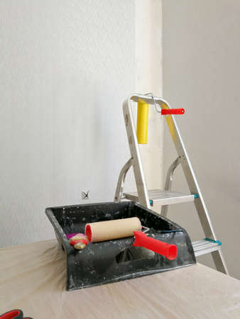 Flat renovation gluing wallpaper tools and equipmentの写真素材