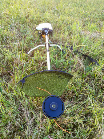 Gasoline grass trimmer professional gardening tool on mown grass