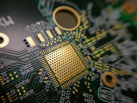 Macro close up of printed circuit board QFN quad flat no leads technology footprint