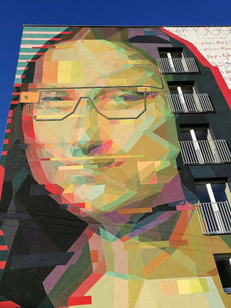 Kaunas/Lithuania - 12 October, 2018: Dadaistic Mona Lisa Mural modern painting on KTU Campus building wall created by Linas Kaziulionisのeditorial素材