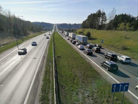 KAUNAS, LITHUANIA - MARCH 19, 2019: Traffic jam close to Kleboniskis forest bridge under...