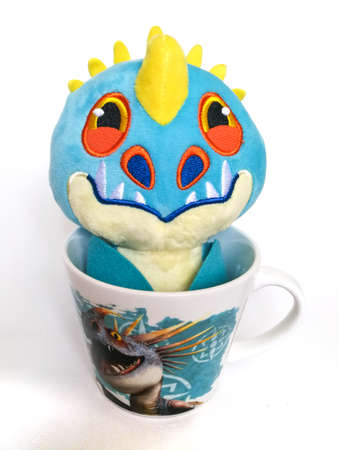 KAUNAS, LITHUANIA - APRIL 22, 2019: Slibinas Audrune child toy as a film How to train your dragon character. Most popular toy selling by Maxima shopping centerのeditorial素材