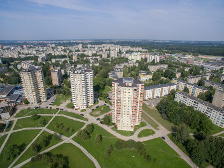 Aerial drone view of multistory apartments close to cecenija square in Kaunas, Lithuania