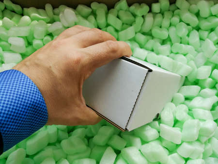 Loose fillers many soft chips in the parcel box for professional shippment protectionの写真素材