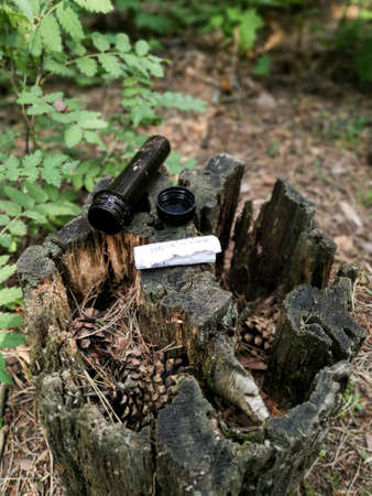 Geocaching activity treasure hunt game for searching symbolic treasures worldwide with gpsの写真素材