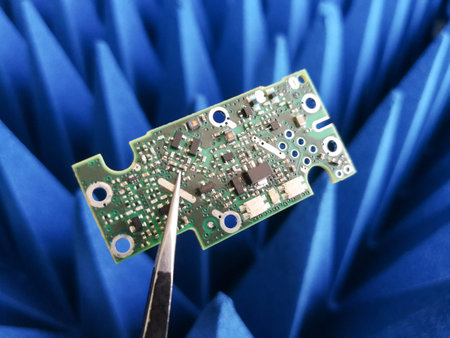 Electronics Printed Circuit Borad in front of Electromagnetic compatibility measurements absorbers
