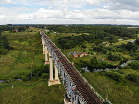 Railway Bridge of Lyduvenai, Lithuania. Aerial view of longest and highest bridge in Lithuaniaの写真素材