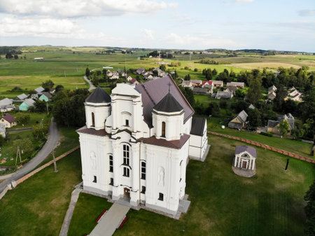 Kraziai church of st Mary of immaculate conception aerial photography from drone in Kraziai, Lithuaniaの写真素材