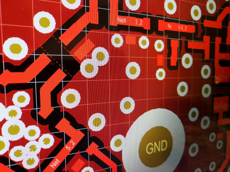 Close up computer screen view of PCB design layout routing process in specialised software