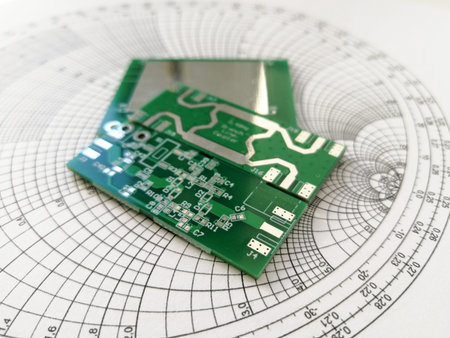 Radio frequency and microwave printed circuit board PCB in front of Smith chart