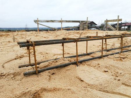 Rusty steel rebar concrete reinforcement for foundation concrete pouring. Industrial construction...