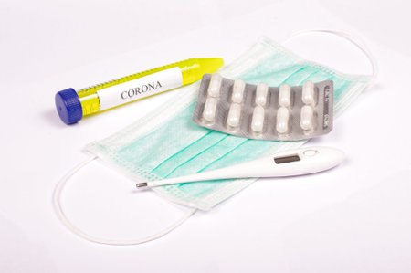 Virus test tube, face mask, medicine and thermometer for virus protection and research isolated on...