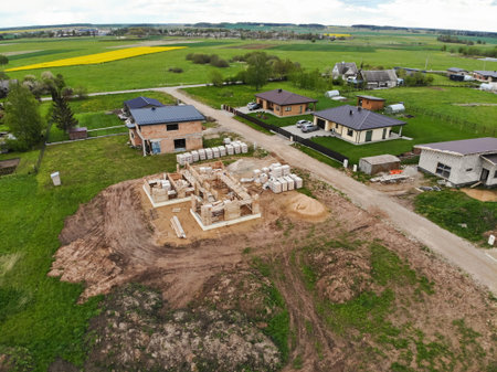 Brickwork in progress at the construction site. Ceramic block house under constructionの写真素材