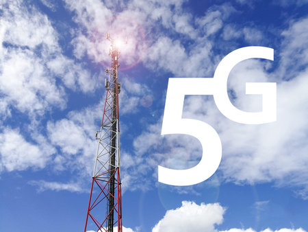 Text 5G (5G technology) with GSM (Global System for Mobile communication) base station and repeater...
