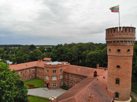 Aerial view of Raudone castle (Bayersburg II Castle old teutonic castle) in Raudone town, Lithuaniaのeditorial素材