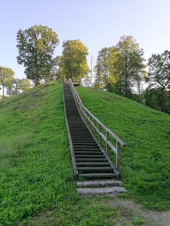 Zemosios Panemunes mound with wooden stairs in Lithuaniaの写真素材