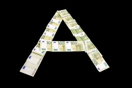 Letter A arranged from 100 euro banknotes. European finances conceptの写真素材