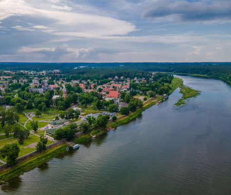 Aerial view of Birstonas city wich is located on the shore of Nemunas river in Lithuania. It's a small SPA resortの写真素材